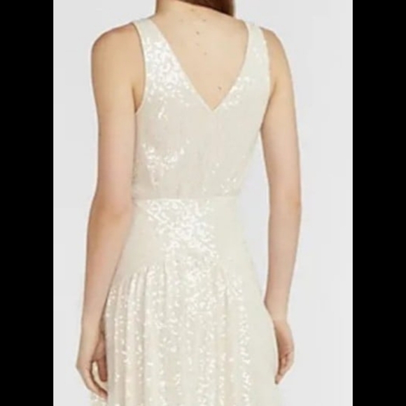 Express-Cream & Iridestant Sequins V-Neck Midi Asymmetric Cinderella Dress-MP - Picture 4 of 6